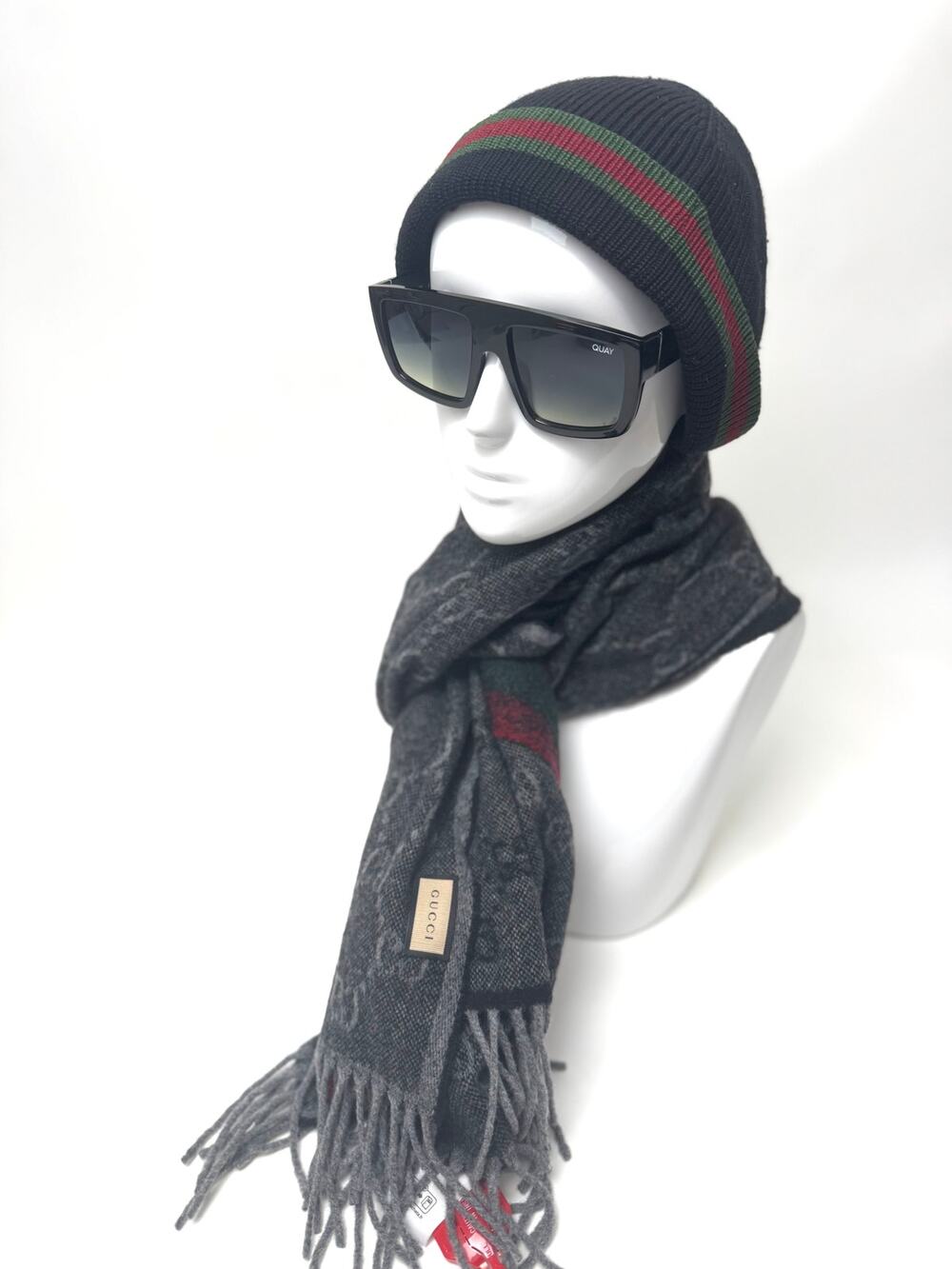 Women's Gucci NWT 'Lead/Dark Green' Nikky Wool Fringe Scarf